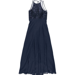Vestito lungo sera blu con decolt&egrave; con pailletes e stola abbinata Grand Soir